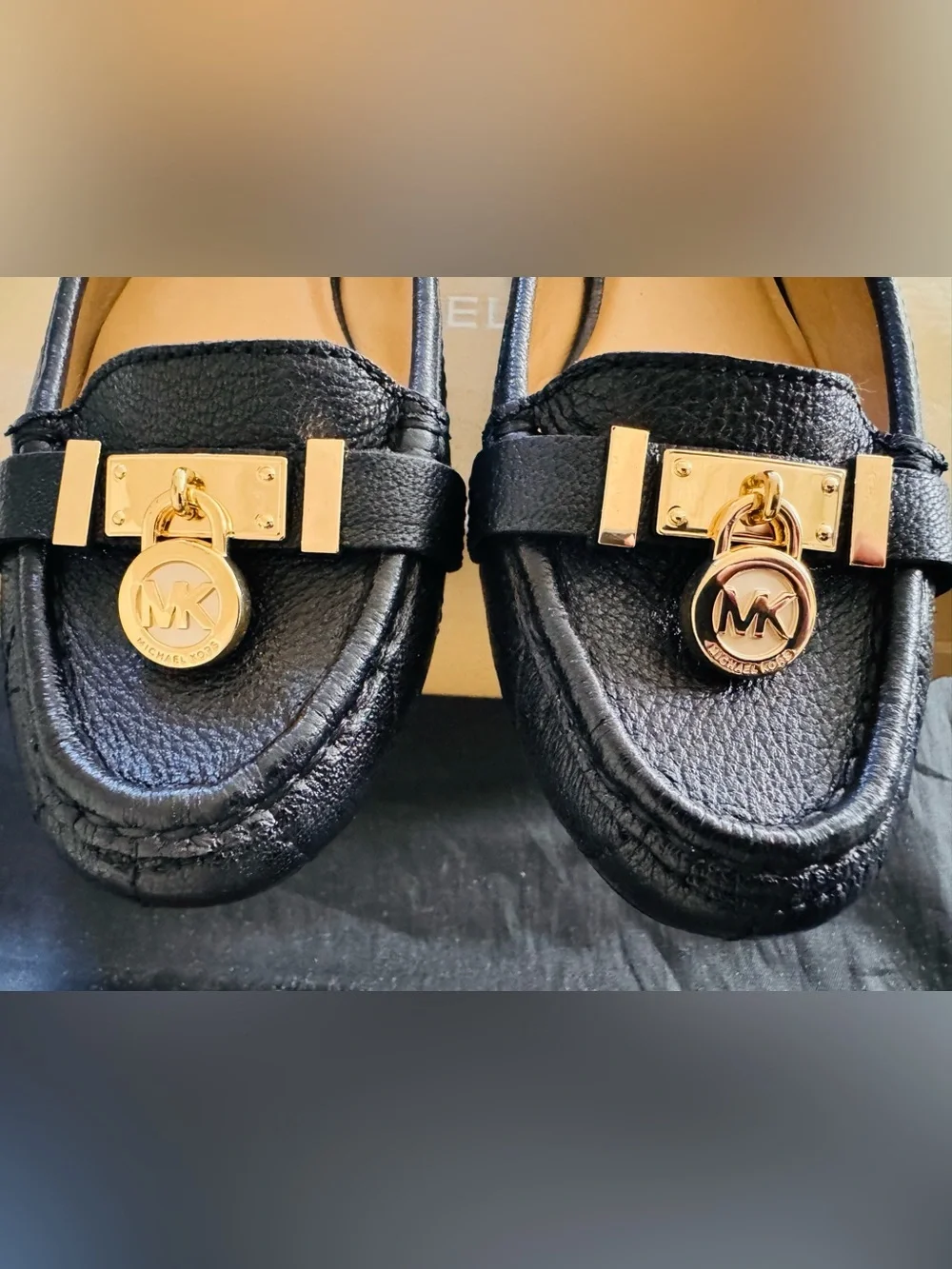 Michael Kors Black Leather Flat with Gold Buckle Accent